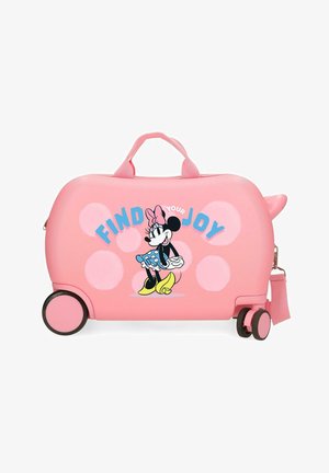 Maleta infantil rígida rosa con ruedas, asa, gráfica de Minnie Mouse y texto "Encuentra tu alegría" en azul y blanco.