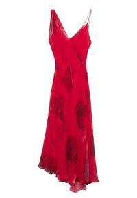 Robe en chiffon rouge avec un décolleté en V, des bretelles fines et un motif floral. Présente une coupe fluide qui s'élargit vers l'ourlet.