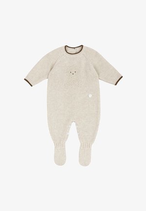 Romper de bebé de punto beige con mangas largas, piernas con pies, ribete marrón y un sutil diseño de cara de oso en el pecho.