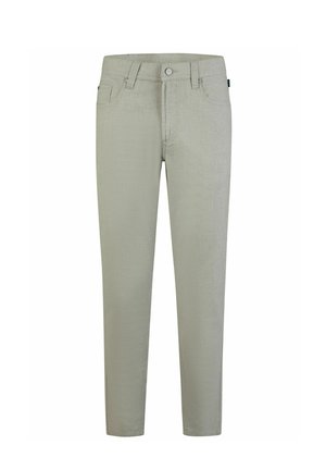Pantalon gris clair en tissu tissé. Dispose d'une coupe classique à cinq poches avec un bouton de fermeture et une coupe droite.