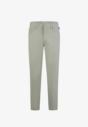 Lichtgrijze broek van geweven stof. Heeft een klassiek vijf-pocket ontwerp met een knoopsluiting en een rechte pijp.
