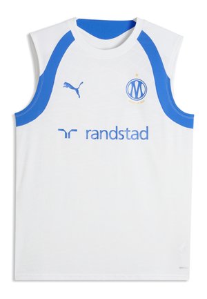 Biała sportowa koszulka bez rękawów z niebieskim kołnierzem i ramionami, logo Puma, herb Olympique de Marseille oraz sponsor Randstad z przodu.