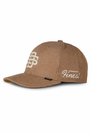 Braune Cordstoff-Baseballkappe mit strukturiertem Design, die auf der Vorderseite weißen gestickten Text "Germany's Finest" und ein Logo präsentiert.