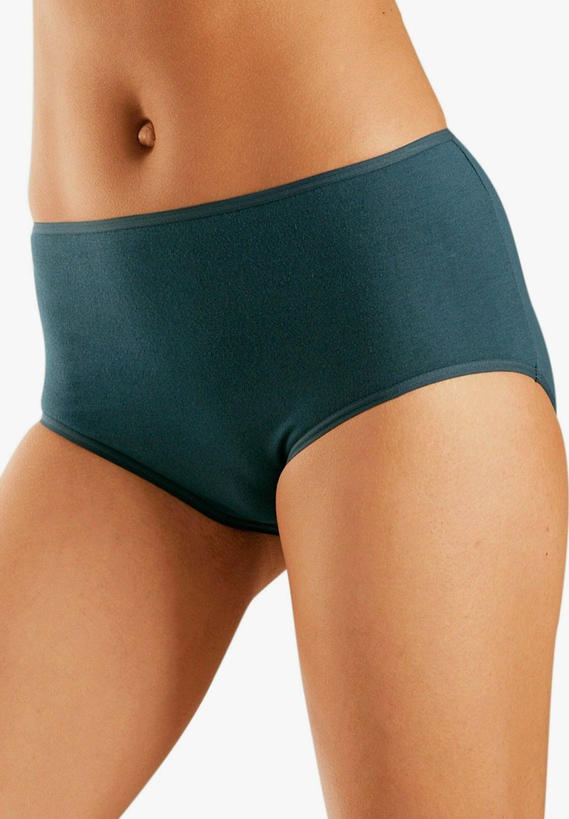 Hoge taille donkergroene onderbroeken, gemaakt van soepel materiaal met een effen kleur en een contrasterende elastische tailleband. Minimalistisch ontwerp.