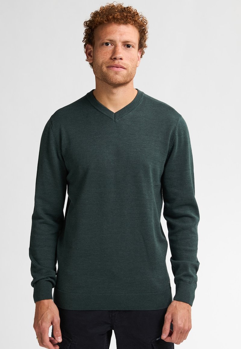 Suéter verde de cuello en V con mangas largas, hecho de un tejido de punto suave. Dobladillo y puños acanalados; diseño minimalista sin patrones o acentos visibles.