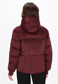 Giubbotto imbottito bordeaux con cappuccio, caratterizzato da una texture liscia e lucida, polsini a coste e un design a pannelli sul retro.