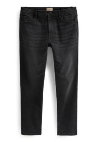 Jeans din denim negru, cu croi drept, având cinci buzunare, închidere cu nasture și detalii subtile de decolorare pe față.
