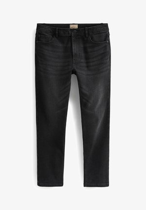 Schwarze Jeans aus Denim mit geradem Schnitt, ausgestattet mit fünf Taschen, einem Knopfverschluss und dezenten Ausbleichungen auf der Vorderseite.