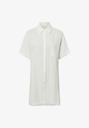 Weißes kurzärmliges Hemdblusenkleid mit Kragen und Brusttasche aus strukturiertem, leichtem Stoff.