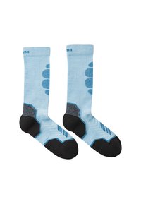 Calzini azzurri con motivi circolari blu, dettagli neri e sezioni testurizzate. Presentano un bordo a costine e rinforzi nel tallone e nella punta.