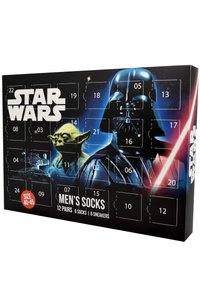 Calendario dell'Avvento a tema Star Wars per calzini da uomo, con personaggi, illustrazioni e aperture numerate; prevalentemente nero con accenti colorati.