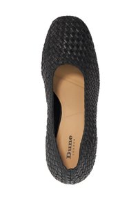 Black woven leather slip-on shoe with a rounded toe and cut-out design. Features a beige lining and subtle branding inside.