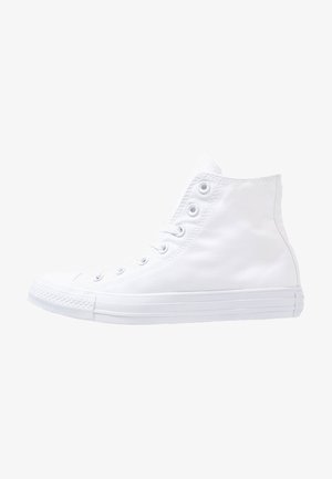 Zapatilla alta blanca de lona con seis ojales, puntera de goma y suela de goma texturizada. Diseño simple sin logotipos ni patrones visibles.