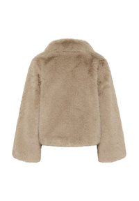 Lažna krznena jakna v svetlo bež barvi, z ovratnikom, krajšo zasnovo in dolgimi rokavi z mehkimi vlakni.