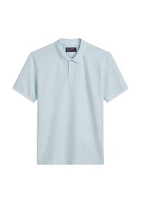 Hellblaues Poloshirt aus glattem Baumwollmaterial, mit einem Kragen, zwei Knöpfen und kurzen Ärmeln, sowie einem kleinen Logo auf der Brust.