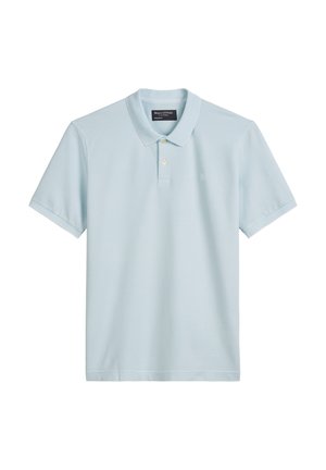 Light blue polo shirt made of smooth cotton, featuring a collar, two buttons, and short sleeves, with a small logo on the chest.
