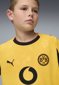 Mlad človek oblečen v rumeno nogometno majico Borussia Dortmund z logotipoma Puma in Vodafone, ki rahlo gleda na stran proti enotni ozadju.
