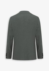 Mørkegrøn skræddersyet blazer, enkeltræts design, spids krave, lange ærmer, synlig syning og knapdetaljer ved manchetterne.