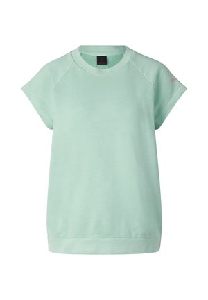 Hellgrünes Sweatshirt mit kurzen Ärmeln und Rundhalsausschnitt, lockerer Passform und geripptem Saum, mit einem kleinen pinkfarbenen Logo am linken Ärmel.