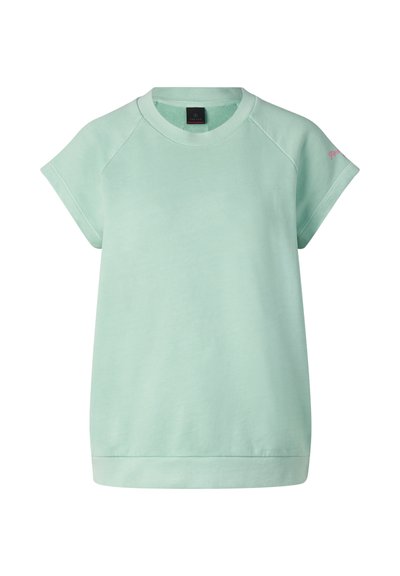 Hellgrünes Sweatshirt mit kurzen Ärmeln und Rundhalsausschnitt, lockerer Passform und geripptem Saum, mit einem kleinen pinkfarbenen Logo am linken Ärmel.