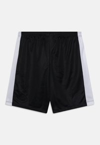 Pantaloni sportivi neri con pannello laterale grigio, realizzati in tessuto leggero, con cintura elastica per una vestibilità regolabile.