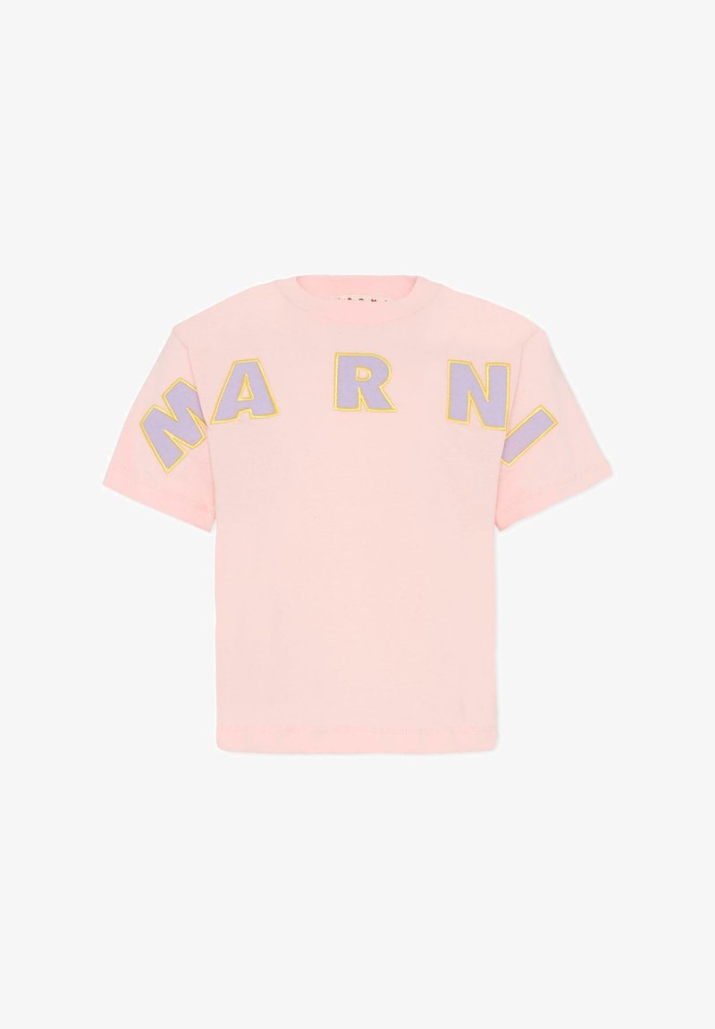 T-shirt en coton rose arborant le mot "MARNI" en grandes lettres brodées multicolores. Manches courtes et col rond.
