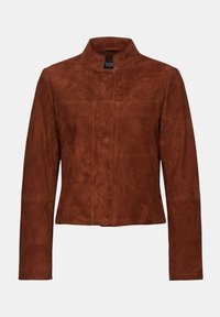 Bruine suede jasje met een hoge kraag, gestructureerde naden en lange mouwen. Het materiaal heeft een zachte, textuurachtige afwerking.