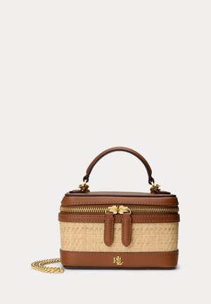 Väike ristkülikukujuline kootud käsikott pruunide nahast detailide, kahekordse kuldse tõmbluku, ülaosa sangaga ja kuldse kett-nööriga, millel on RLL logo.