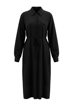 Robe noire à manches longues avec fines rayures verticales, boutonnage devant, col, poche poitrine et ceinture nouée à la taille.