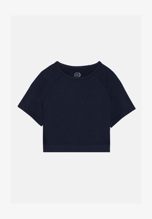 Mørkeblå, kort t-skjorte med korte raglan-ermer, rund hals og teksturerte sideaksenter. Laget av myk, komfortabelt stoff.