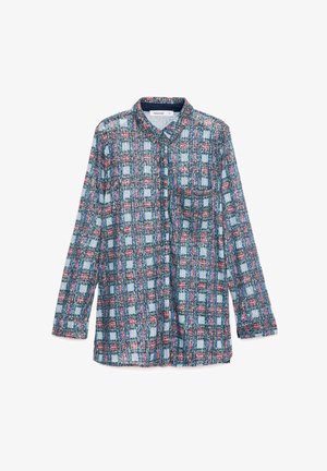 Košile s límečkem a dlouhým rukávem v texturované látce, s modro-červenobílým kostkovaným vzorem, s náprsní kapsou a knoflíkovou légou.