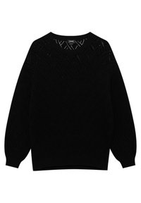 Zwart gebreide trui met een gestructureerd ruitpatroon, ronde halslijn en losse, lange mouwen. 95% katoen, 5% elastaan mix.