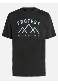 Crna biciklistička majica s mrežastim donjim dijelom, s grafikom svijetloplavih planina i tekstom "PROTEST CYCLING" u zakrivljenom rasporedu.