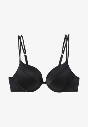 Schwarzer gepolsterter BH aus glattem Satinmaterial, mit verstellbaren geflochtenen Trägern und Hakenverschluss auf der Rückseite. Verfügt über ein nahtloses Design.