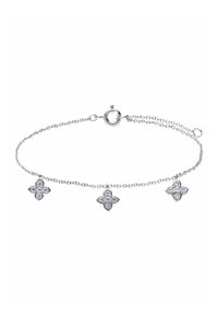 Bracelet en argent avec une chaîne délicate et trois charms en forme de fleur, chacun orné de petits cristaux scintillants. Il possède un fermoir en forme de homard rond.