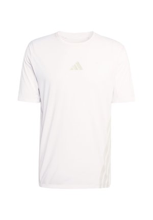 White short-sleeve athletic shirt with a lightweight fabric. Features a small light green logo on the chest and subtle diagonal stripes on the side.