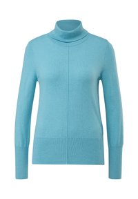 Pullover collo alto azzurro chiaro realizzato in morbido tessuto lavorato a maglia, con un design aderente, maniche lunghe e una texture a costine sui polsini e l'orlo.
