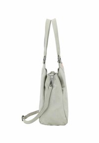 Grijze schoudertas met een slungelige vormgeving, gemaakt van zacht materiaal. Beschikt over verstelbare banden en accenten in zilverkleurige hardware.