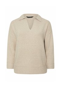 Beige gebreide pullover met een v-hals en kraag, voorzien van driekwart mouwen en een geribde zoom. Zachte textuur met een subtiele gemêleerde patroon.