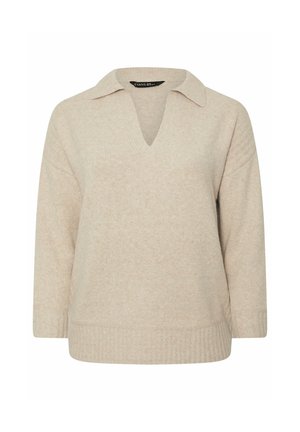 Beige Strickpullover mit V-Ausschnitt und Kragen, drei Viertelärmel und geripptem Saum. Weiche Textur mit einem dezenten melierten Muster.