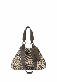 Borsa in tessuto con stampa leopardata, dotata di una tracolla marrone scuro, una pochette staccabile coordinata e dettagli in metallo argentato. Forma triangolare, texture morbida.