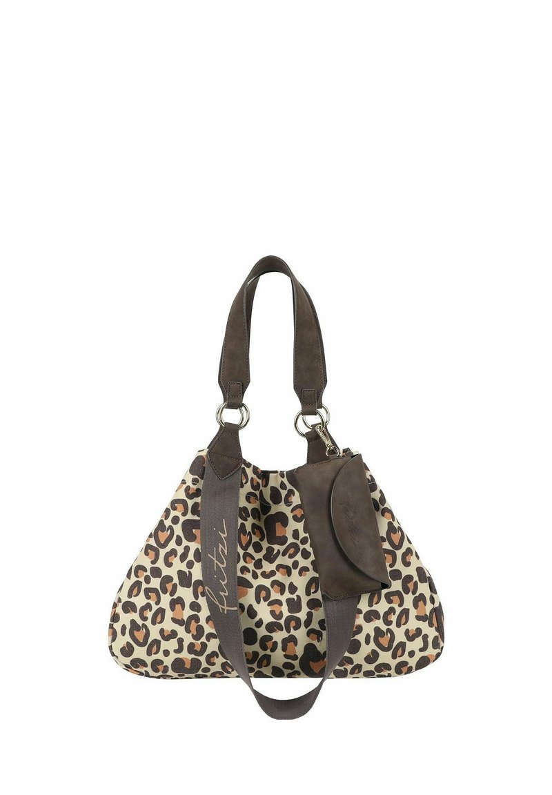 Borsa in tessuto con stampa leopardata, dotata di una tracolla marrone scuro, una pochette staccabile coordinata e dettagli in metallo argentato. Forma triangolare, texture morbida.