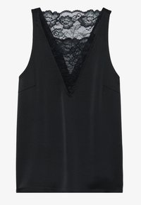 Top negro sin mangas que presenta un profundo escote en V con una espalda de encaje floral, textura suave y sutiles bolsillos laterales para un detalle adicional.
