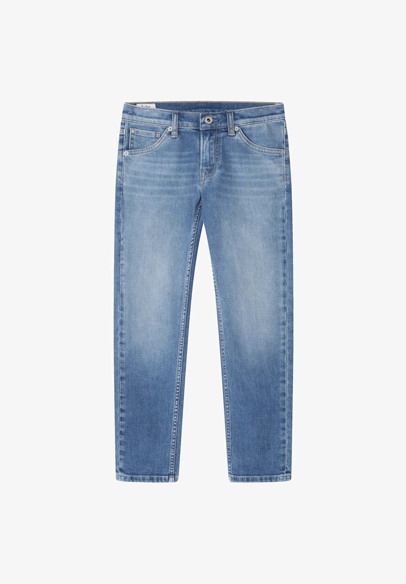 Gai zili džinsi ar taisnu griezumu, piecām kabatām, priekšējo pogu un rāvējslēdzēju, kā arī izbalējušām detaļām uz kājām.