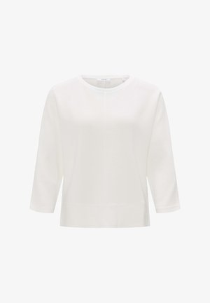 Haut long à manches longues blanc, côtelé, avec un col rond et une coupe droite. Présente des manches décontractées et une texture subtile.