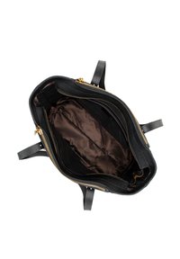 Borsa nera con texture e zip dorate. Interno spazioso rivestito in tessuto marrone liscio. Doppi manici per il trasporto.