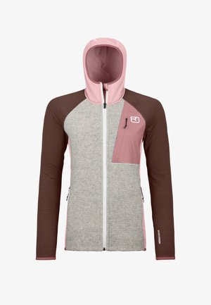 Hooded jacket with a grey body, brown sleeves, and pink accents. Features textured fabric, zip closure, and a chest pocket with a zipper.