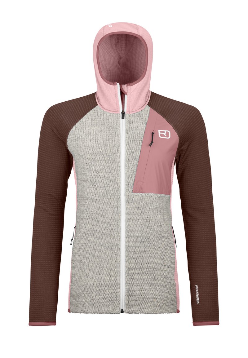 Kapuzenshirt mit grauem Körper, braunen Ärmeln und rosa Akzenten. Verfügt über einen strukturierten Stoff, einen Reißverschluss und eine Brusttasche mit Reißverschluss.