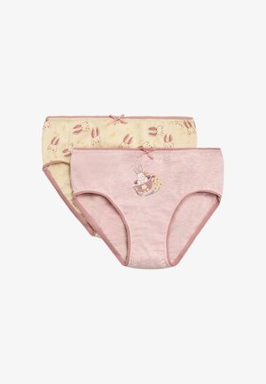 Dos pares de ropa interior de algodón; uno amarillo con un patrón de conejitos y otro rosa con un conejito impreso en una taza de té, ambos con borde de encaje.