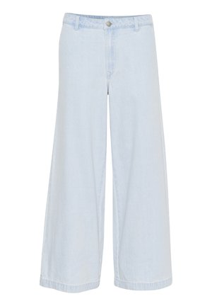 Light blue wide-leg denim jeans with high waist, button closure, and belt loops.